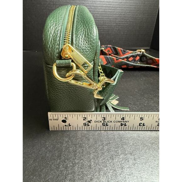 Borse In Pelle Italian Dark Green Pebbled Leather Crossbody Bag w/Guitar Strap - Picture 10 of 12